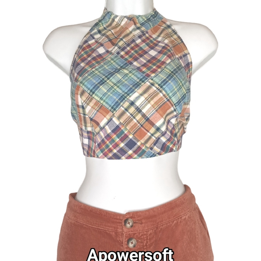 Patchwork Plaid Tie-Back Halter Top - image 2